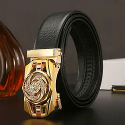 Men's Luxury Leather Belt with Automatic Golden Rhinestone Buckle (Gold 2)