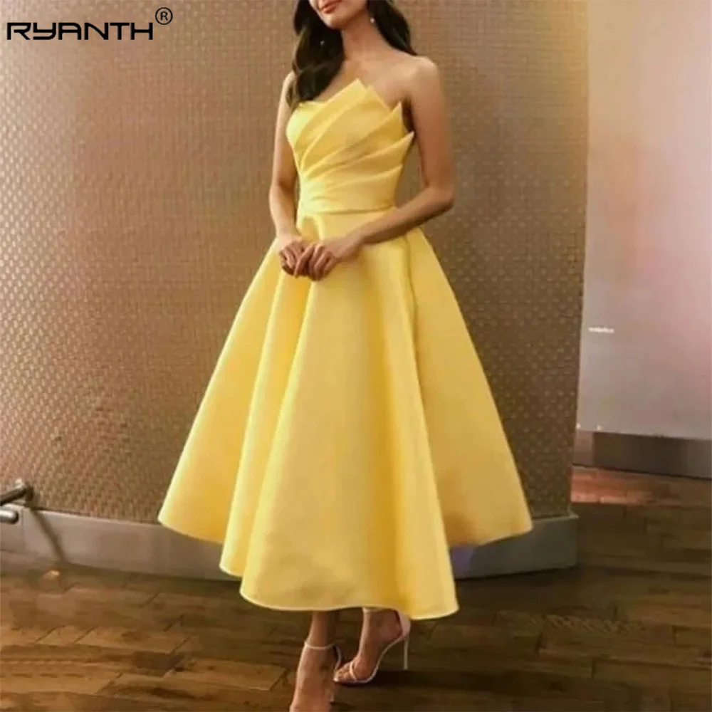 

Ryanth Yellow A-line Prom Dresses Women Special Occasion Dress Strapless Ankle-Length Evening Gown Satin vestidos para mujer