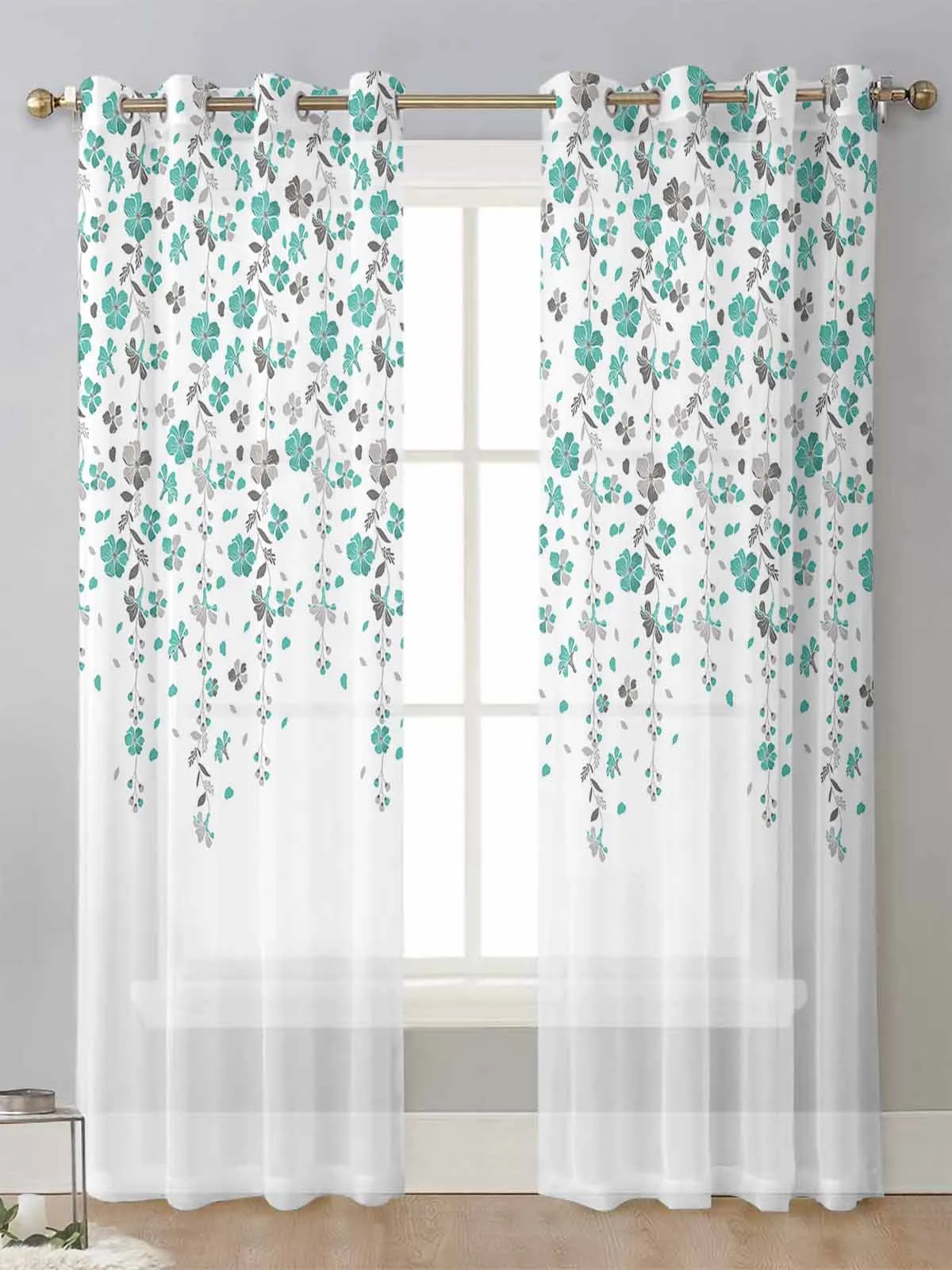 청록색 꽃무늬 시어 커튼, 거실 창 스크리닝, 투명 보일 얇은 명주 그물 커튼, 홈 데코 