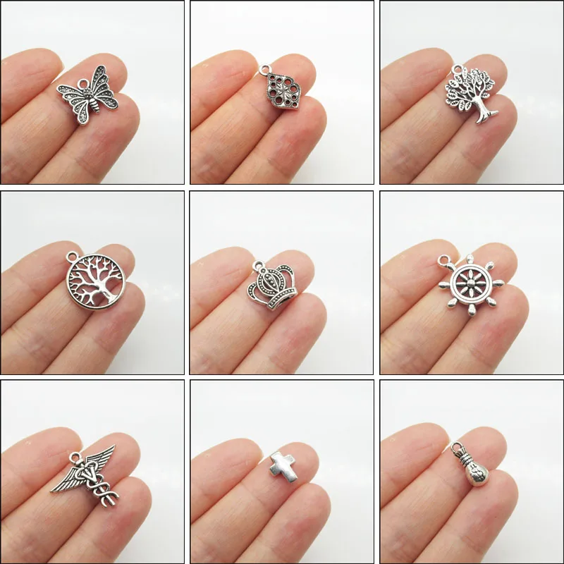 

New Retro Cross Tree Butterfly Crown Charms Antiqued Silver Plated Pendants For Gifts Jewelry