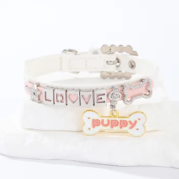 Cute Pet PU Set Letter Collar Small Cat and Dog Footprint Bone Pendant Set Diamond Cat Ring Necklace Pet Supplies Accessories