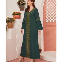 

Dress Muslim Loose Waist Green Flared Pullover National Style Retro Embroidery Dress Abaya Arab Middle East Ethnic Style 2022