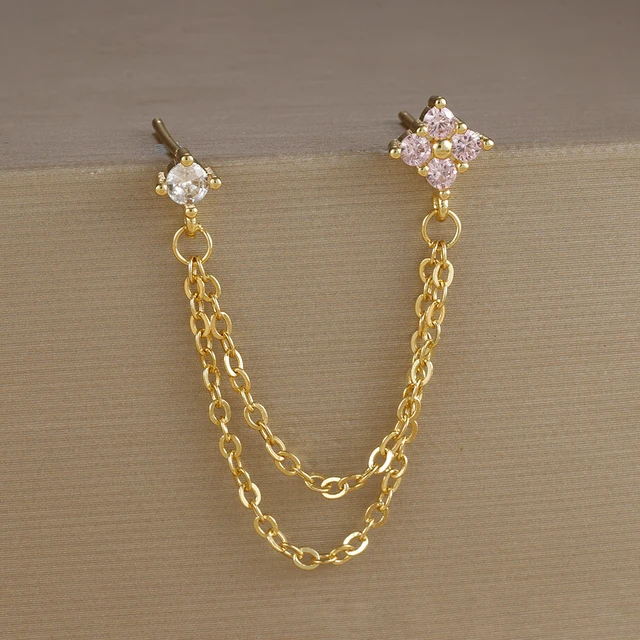 Boucles d'oreilles carrées suspendues en acier inoxydable, 2 pièces, pierre d'anniversaire de décembre, chaîne en zircone cubique, fleur, bijoux de perçage