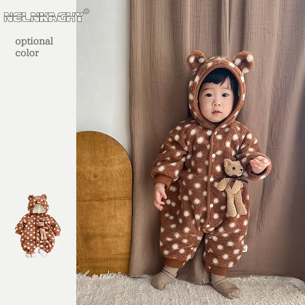 

2023 Winter New in Kids Baby Crawler Jumpsuits , Infant Newborn Extra Thick Warm Fleece Hooded 3D Bear Doll Dot Romper 0-24M