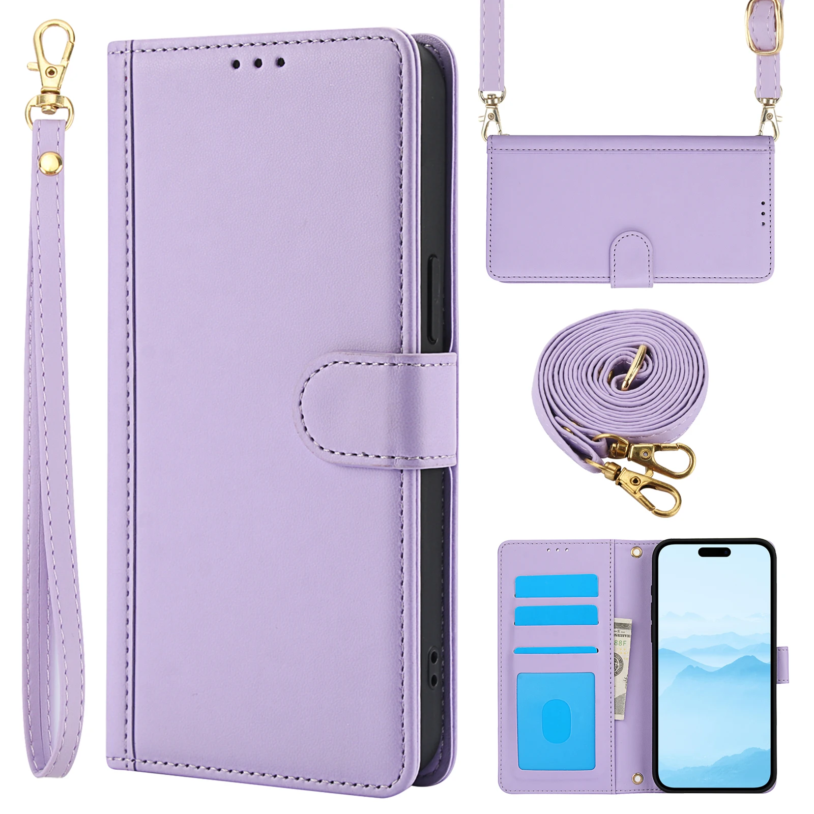 Capa de couro tipo carteira para cartões crossbody Solt para iPhone 16 Pro Max 15 Plus 14 13 12 11 XS XR SE 2022 Capa tipo cordão tipo livro_voghion.com