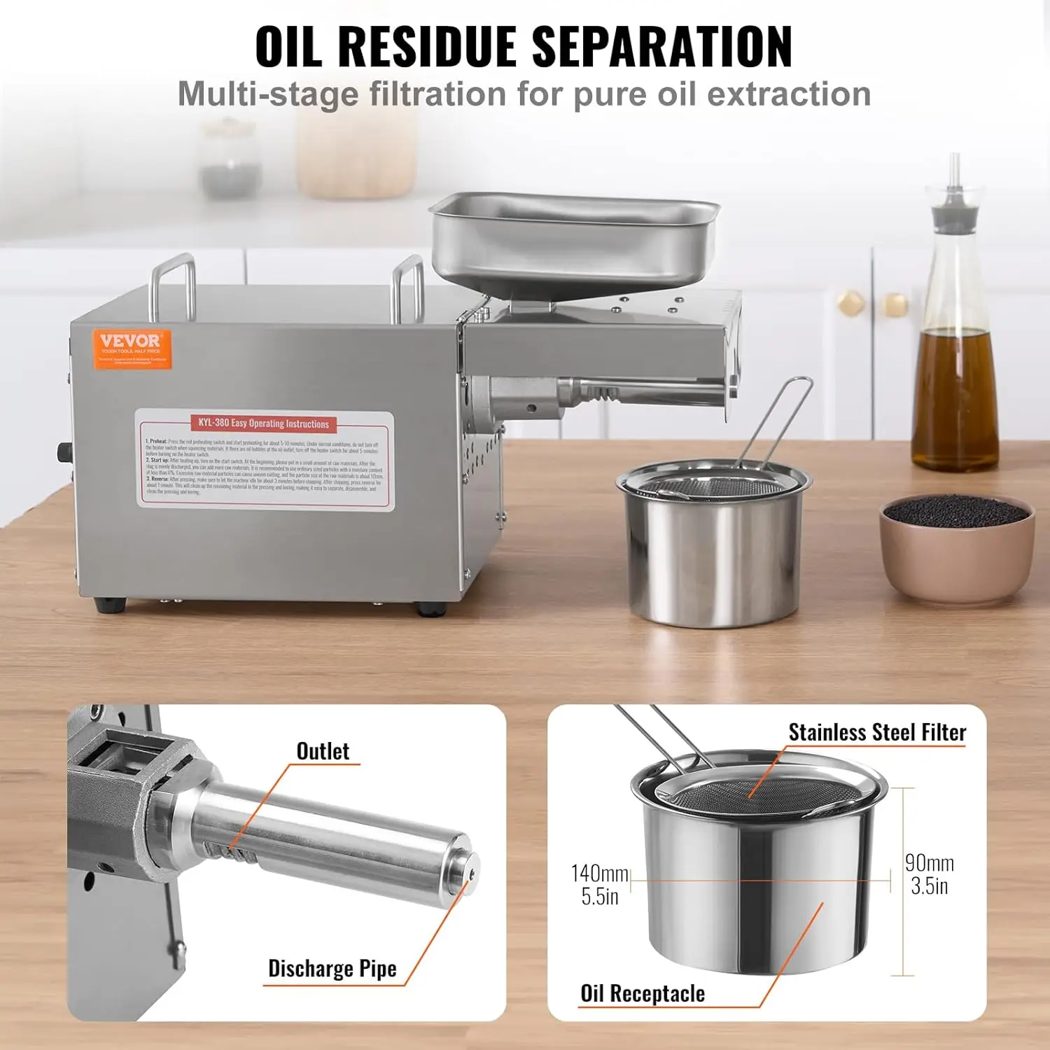 Electric Oil Press Machine, 700W Stainless Steel Oil Extractor Machine, 140℃ / 284℉ Constant Temperature, Hot Press Expeller