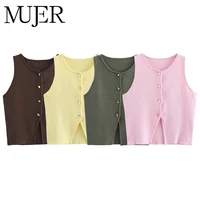 MUJER-Chaleco sin mangas de punto rosa para mujer, suéter recortado, Top, chalecos con botones amarillos, ropa de calle, chaleco, prendas de punto