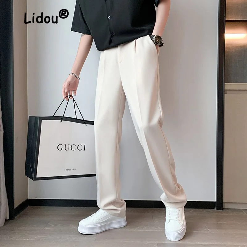 Spring Summer Solid Color Men's Business Pants Classic Pockets Loose Straight Cylinder Casual Zipper Button Male Trousers