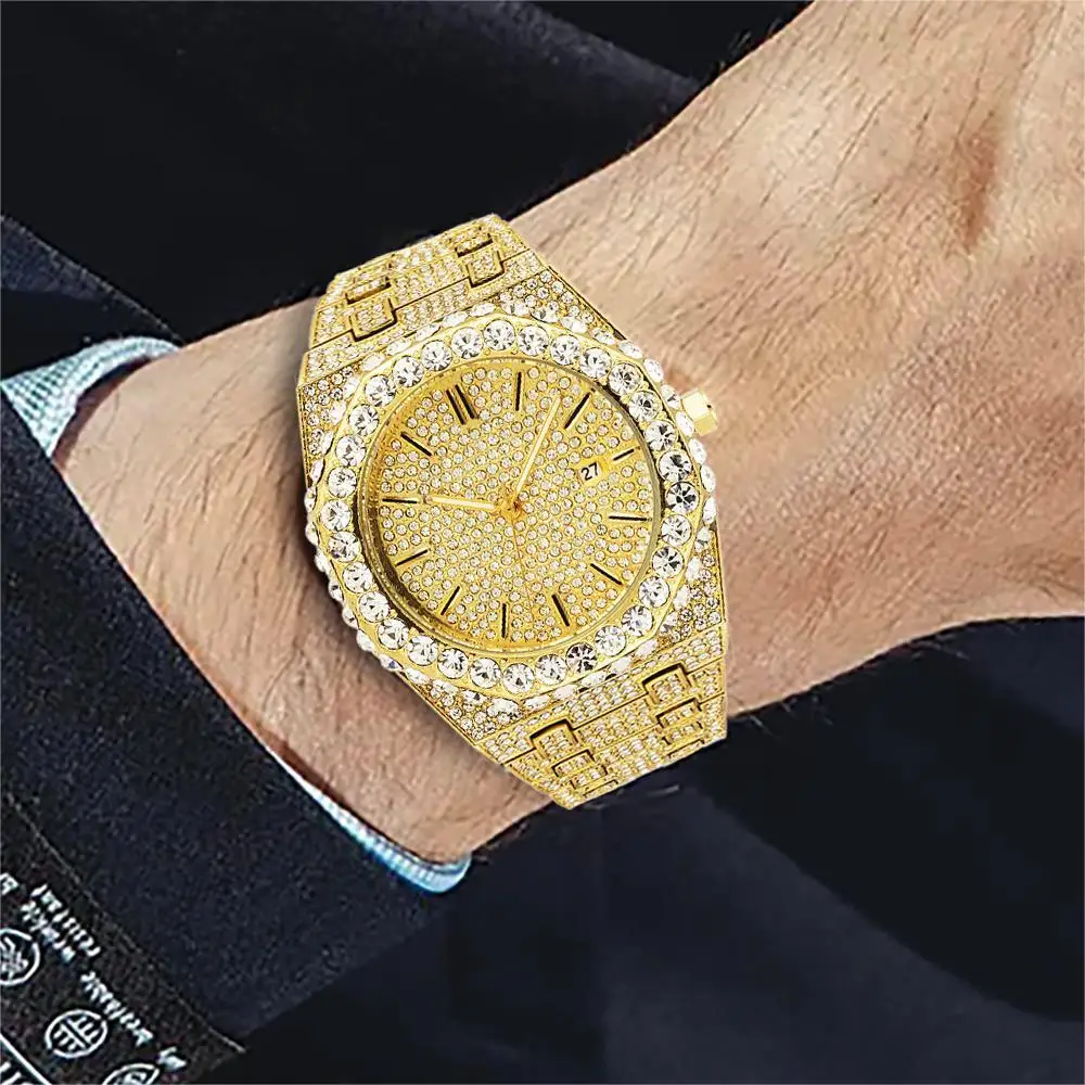 MISSFOX Luxury Iced Watch Men Automatic Date Fashion Waterproof Quartz Clocks Hip Hop Full Diamond jewelry Wristwatches 2023 New