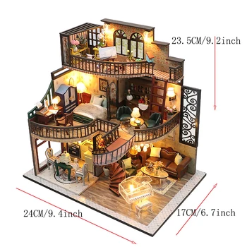 Wooden Doll House 3D Puzzle Assembly Building Model Kit Production Small Room Toys Home Bedroom Decoration With Furniture Light 6