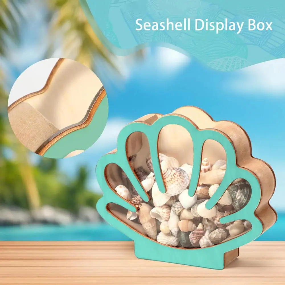 18*15cm Wooden Shell Display Case Handcrafted Rustic Sea Shell Shadow Box Seashell Shaped Storage Display Box Home Decoration