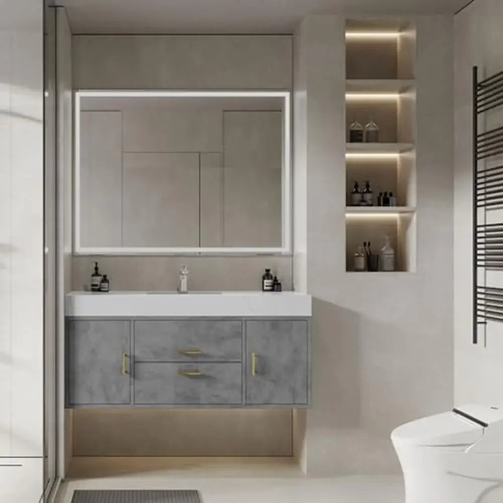 Wall Mounted 48 Inch Grey Bathroom Vanity with Sintered Stone Countertop and Ceramic Basin Storage Moisture-proof Easy Assembly 6