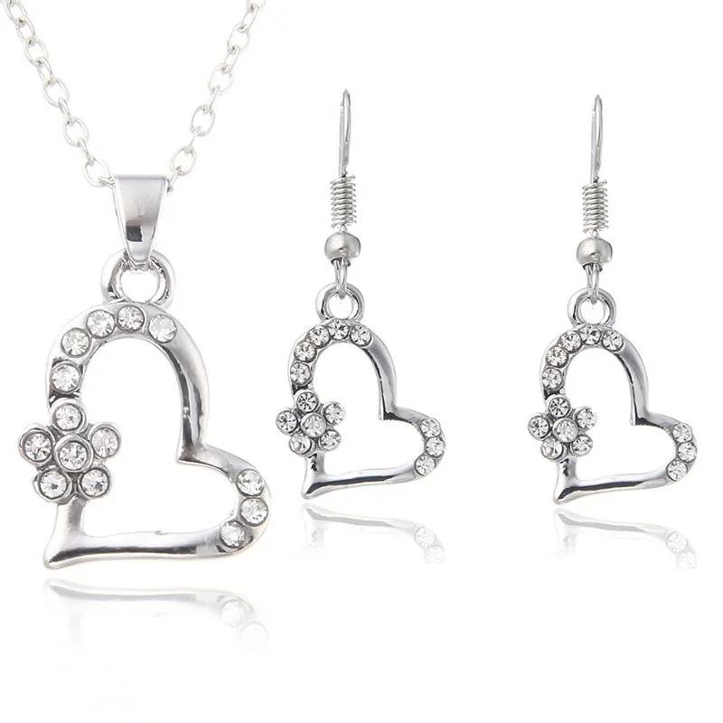 3pcs/set Jewelry Set Women Cute Heart Necklace Silver Plated Diamond Crystal Pendant Bride Earrings - Image 4