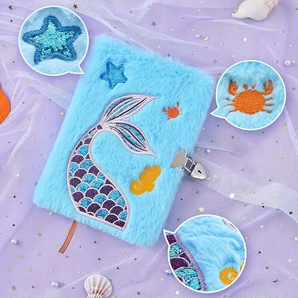 A5 Cat Diary Plush Mermaid Notebook Sparkly Embroidery Diary with Lock Journal  Birthday  Valentine Gift Travel School 3
