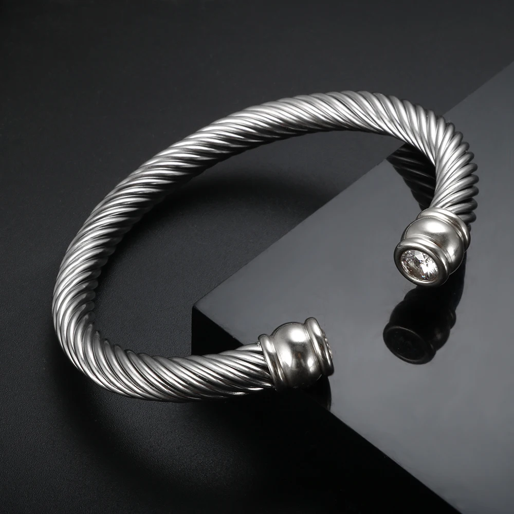 Trendy Luxury Stackable Open Cuff Bangle Cubic Zirconia Interweaving Cable Bracelet for Women Men Stainless Steel Jewelry,bangle bracelet,stainless steel bracelet,zircon bracelet,zirconia bangle