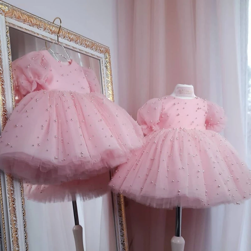 

Baby Girl Princess Pearl Tutu Dress Puffy Sleeve Infant Toddler Child Bow Tulle Vestido Party Birthday Baby Clothes 12M-14Y