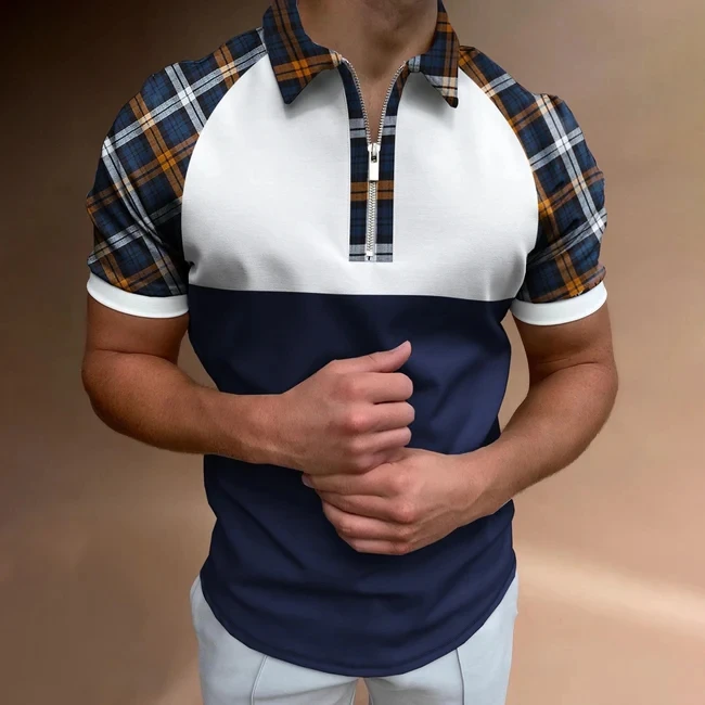 

Plaid Pattern 3D Print Polo Zipper Short Sleeve Shirt for Men
