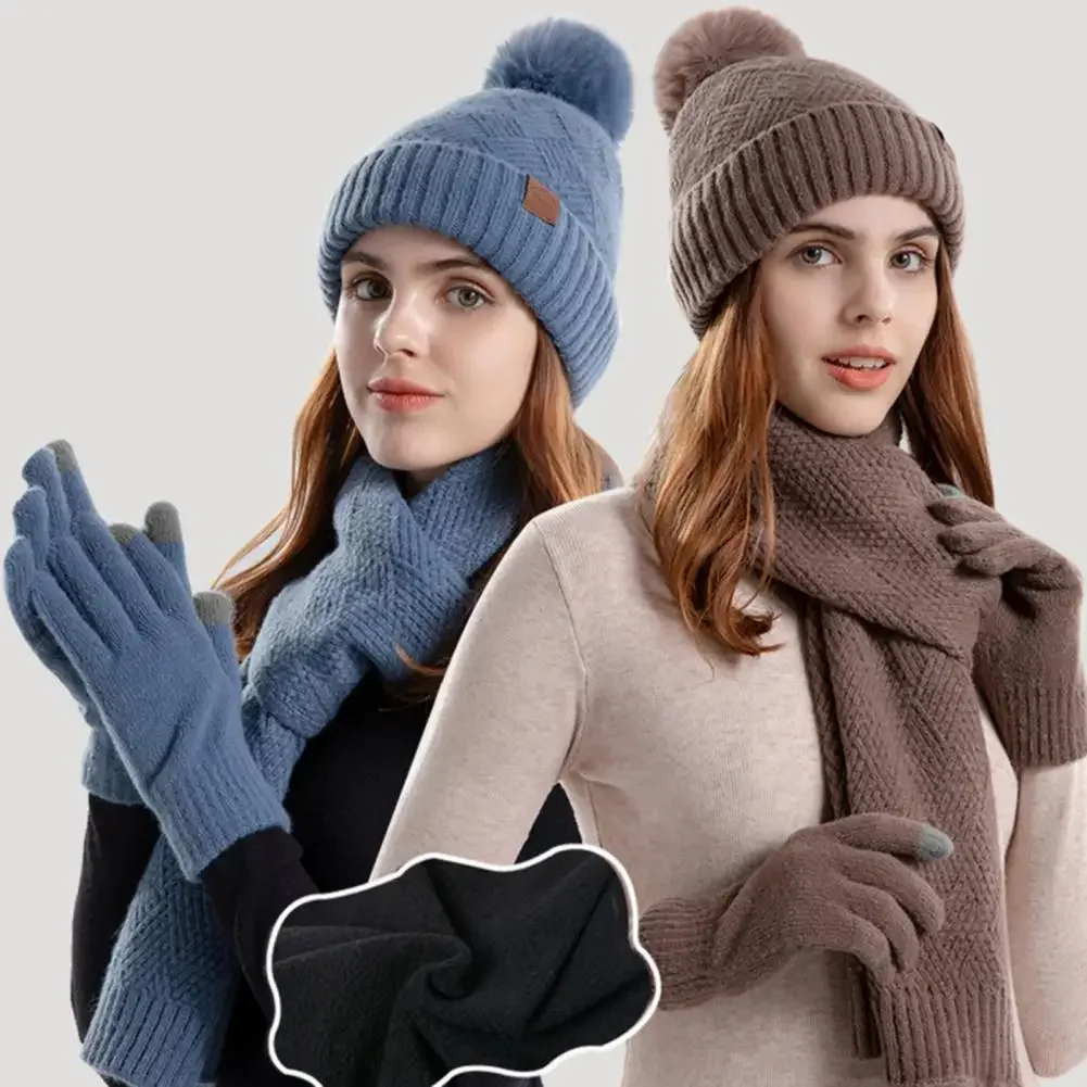 1-Set-Women-Hat-Scarf-Gloves-Set-Plush-Lining-Ear-Protection-Knitted ...