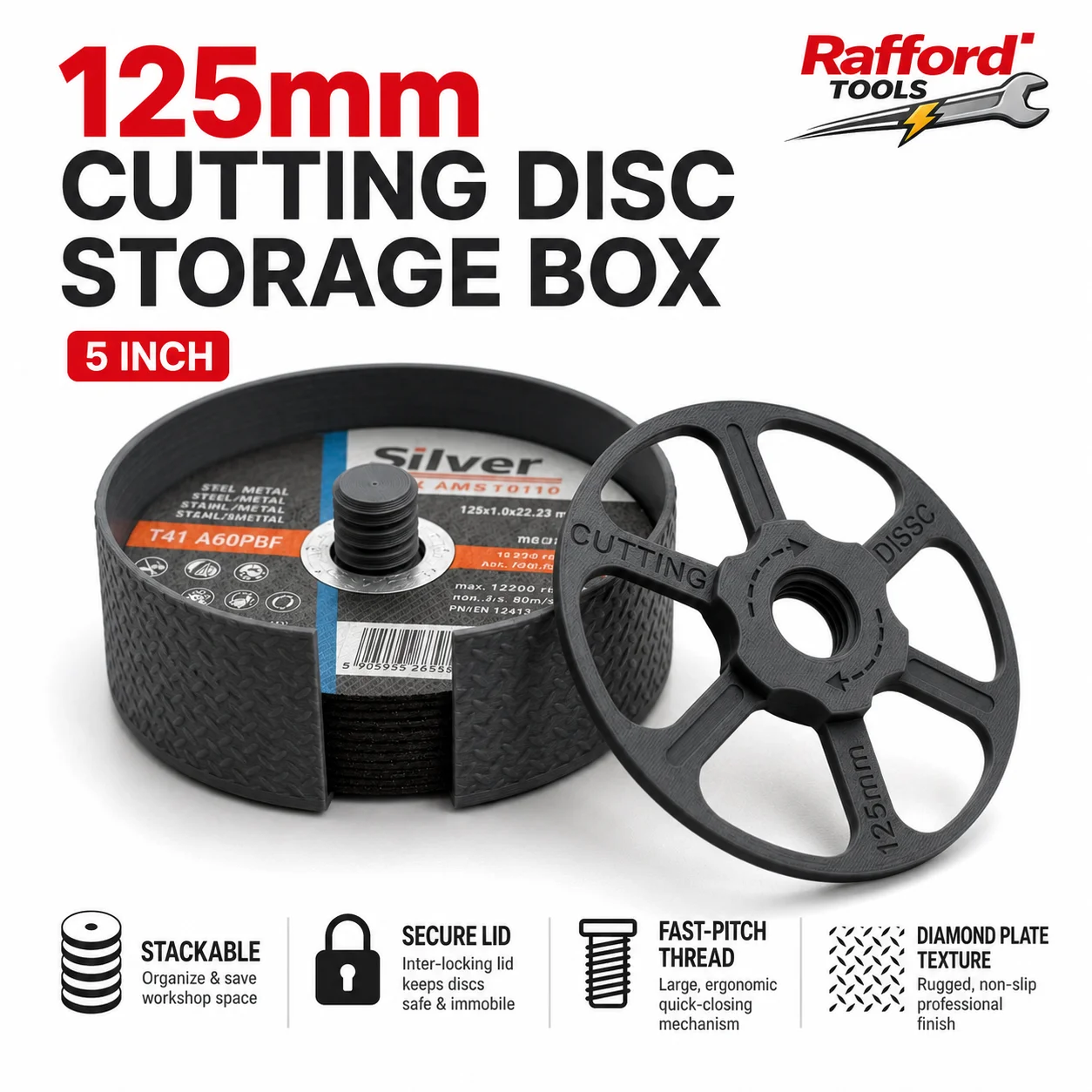 Rafford 125mm Trennscheiben-Aufbewahrungsbox, 5 Zoll Winkelschleifer-Scheibenhalter Organizer, Stapelbare Schutzbox für Werkstattwerkzeuge