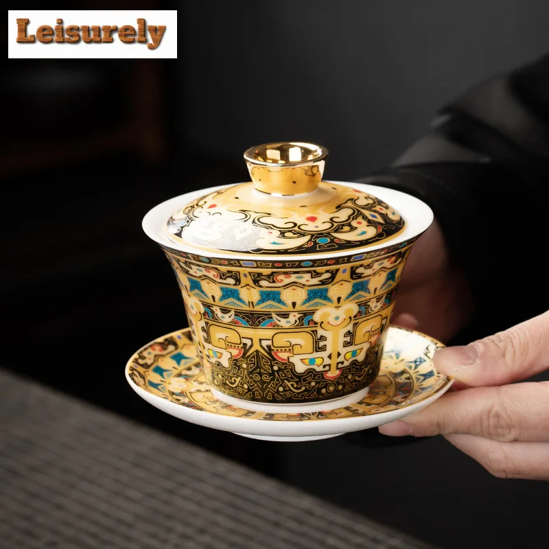 Chinese Thangka Gilded Gaiwan Boutique Enamel Color Hovering Lid Tea Tureen Tea Making Cover Bowl Chinese Set Ornaments Gift