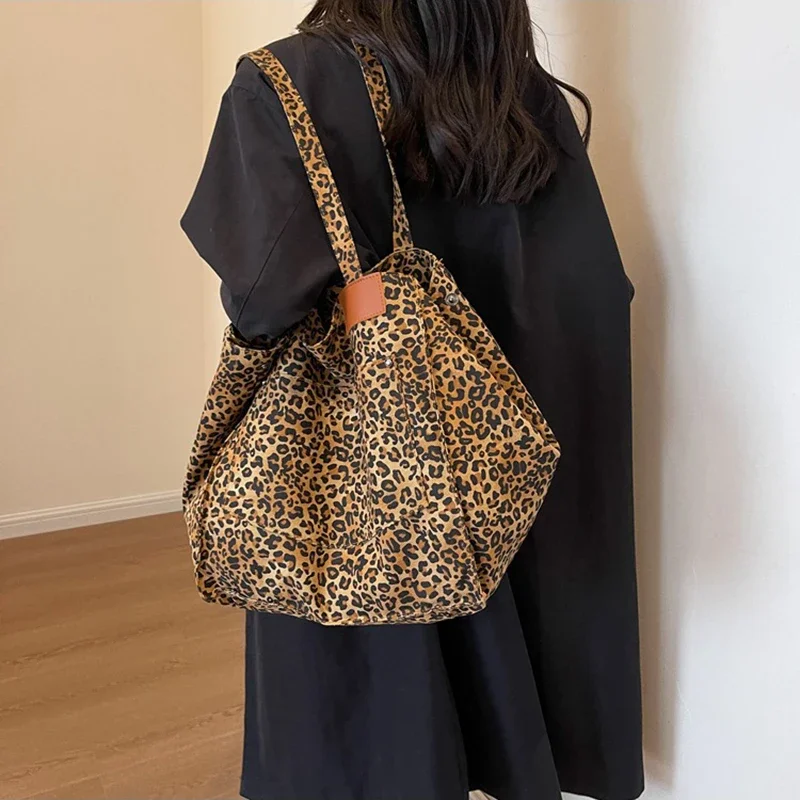 Canvas Shoulder Bag Leopard Pattern Vintage Big Capacity For School Work Shopping
