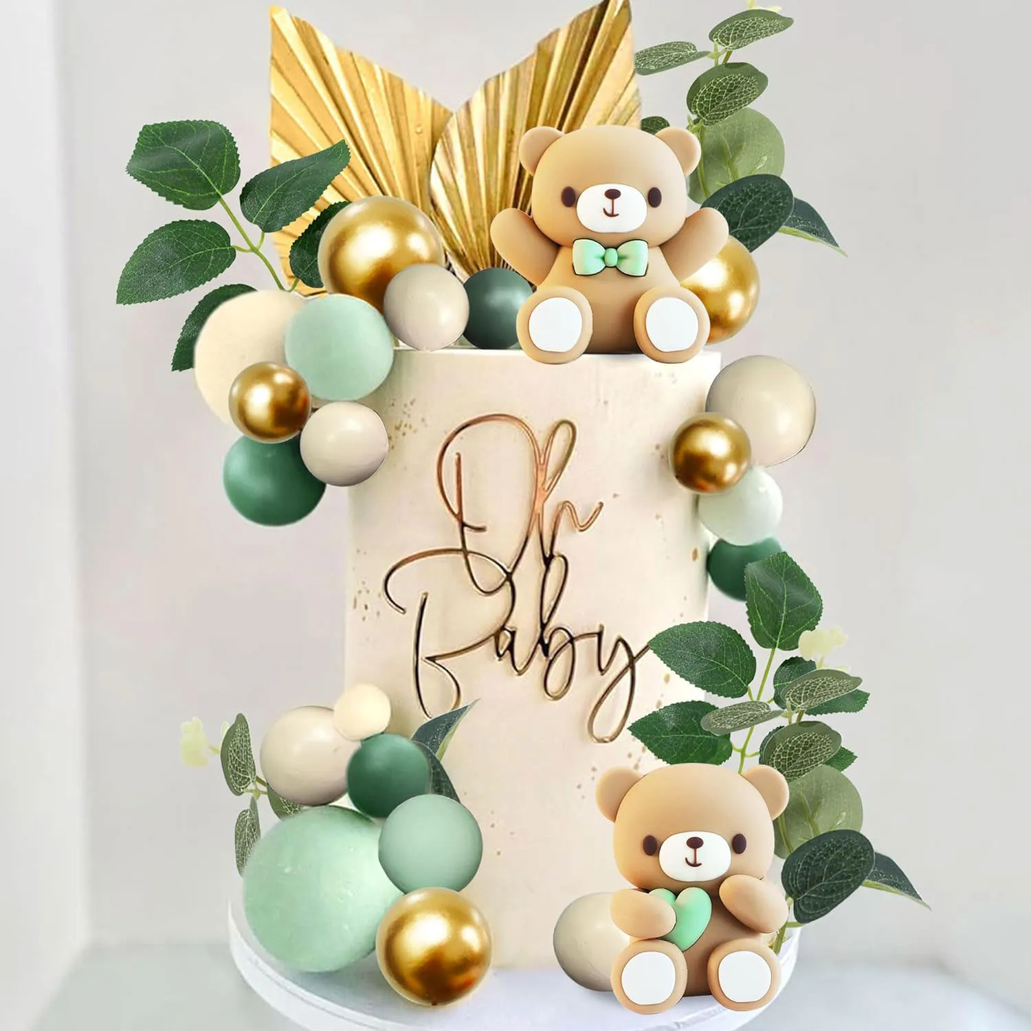 47Pcs Bear Cake Toppers Mini Bear Cake Decorations Cake Toppers Gold White  Pearl Ball for Boy Girl Baby Shower Birthday Party Decorations (Cute little