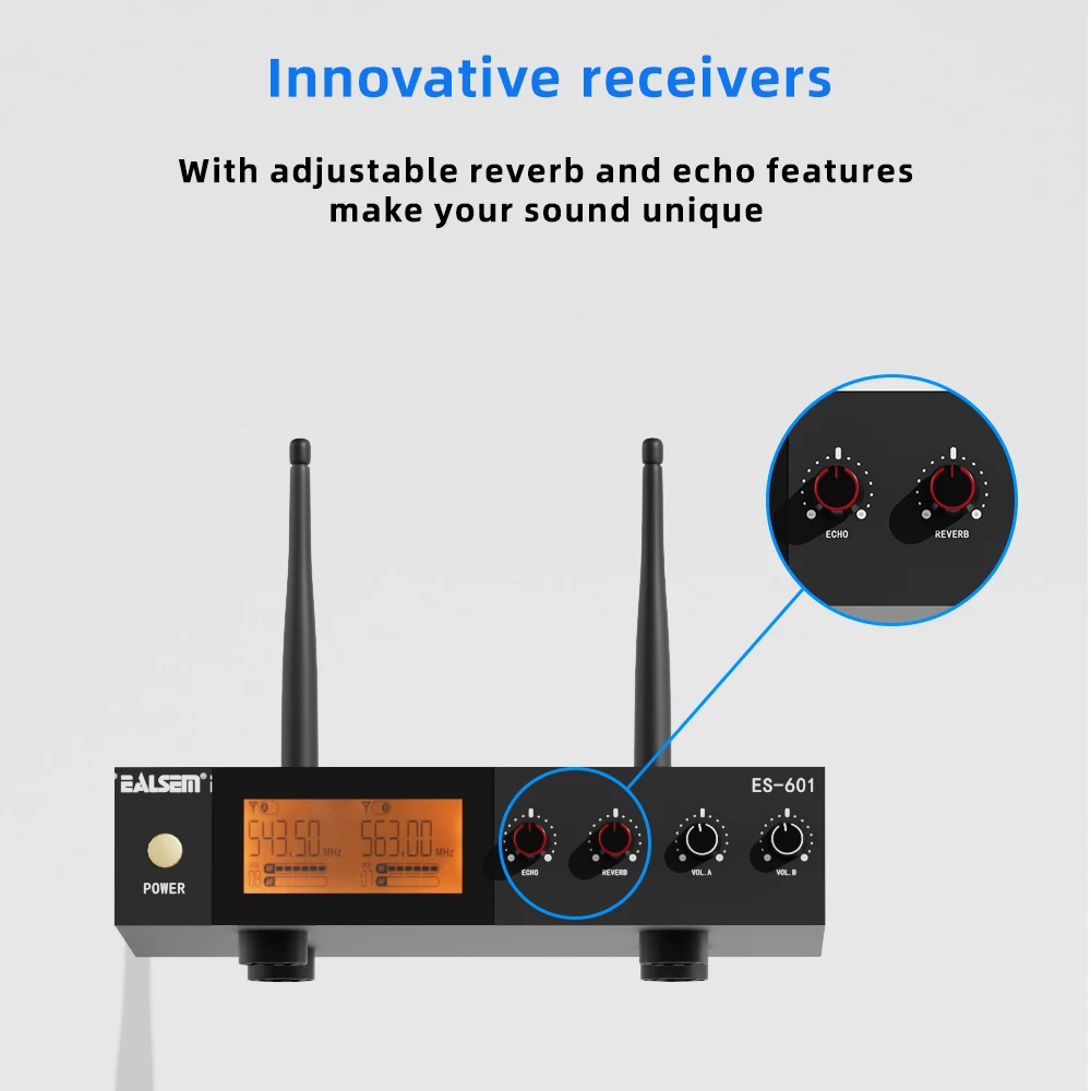 EALSEM 601 UHF Dual Channel Metal Dynamic Microphone,Receiver With Adjustable Reverberation, Echo,For KTV,Stage,164FT/50m,Black