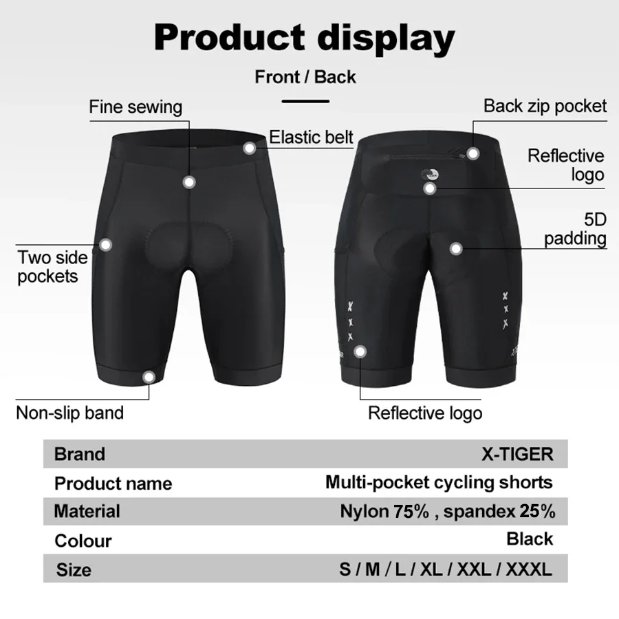Cycling Knee Shorts 5D Padded Back Pocket Anti-Slip Breathable Biking Riding Half Pants Tights Road Mtb Bike Shorts for Men