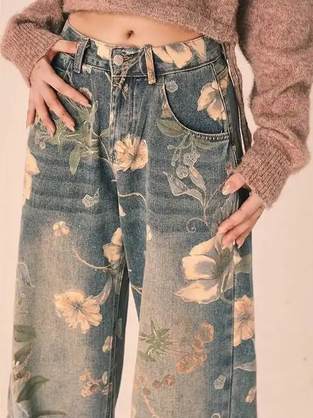 Vintage Floral Straight Jeans Floral Print High Waist High Street Blue Pants Korean Fashion Women'S Wide Leg Baggy Trouser