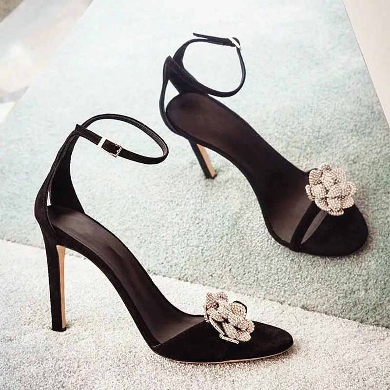 

Original women's shoes one word buckle sandals women's summer new rhinestone flower women's shoes open toe high heels