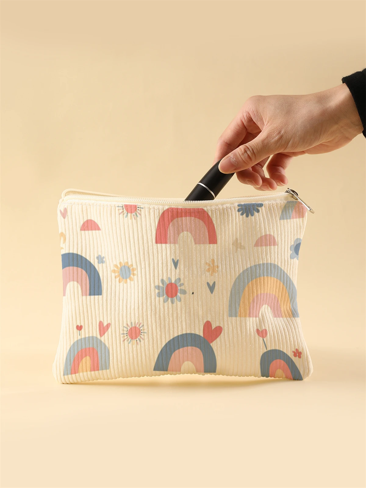 Women's Corduroy Travel Cosmetic Bag Portable Large Capacity Makeup Storage Organizer Zipper Clutch Purse Make up Bag