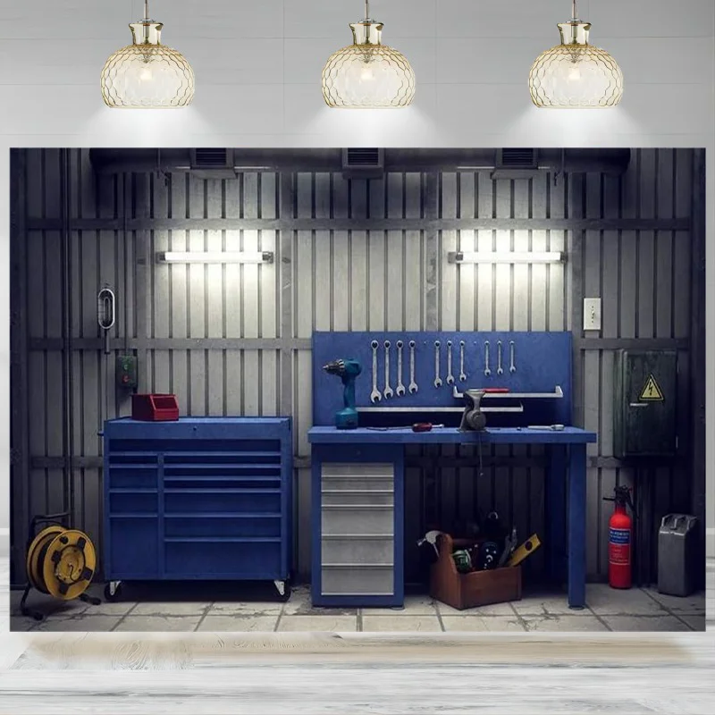 창고 배경 사진 차고 배경 기계 도구 배너, 자동차 테마 파티 장식, 사진 스튜디오 부스 소품