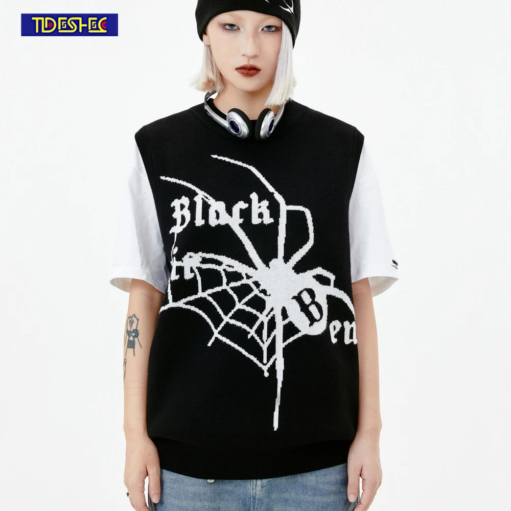 

Hip Hop Punk Streetwear Unisex Gothic Women Y2k Knitted Vest Tank Tops Vintage Spider Embroidery Harajuku Sleeveless Sweater
