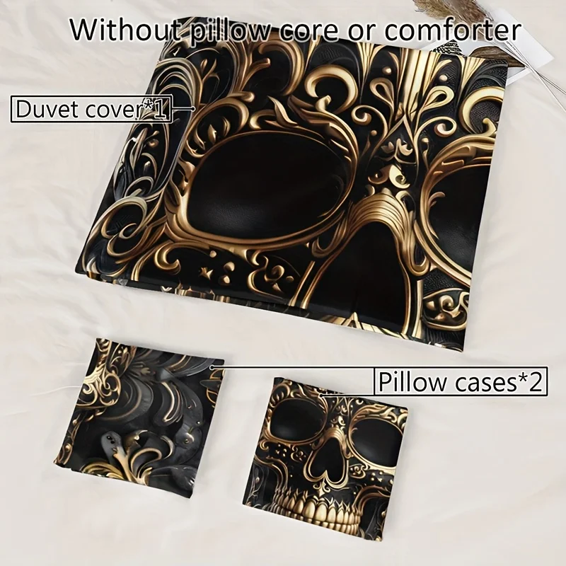 3Pcs Metallic Skull Duvet Cover Set, Black Golden Gothic Design Breathable Polyester Bedding with Pillowcases, Machine Washable