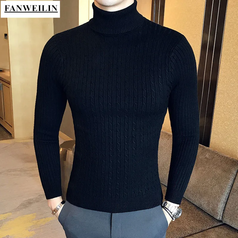 Casual Men Winter High Solid Color Sweater Turtleneck Brand Mens White Sweaters Slim Knitted Fit Pullover Twist Striped Knitwear 4