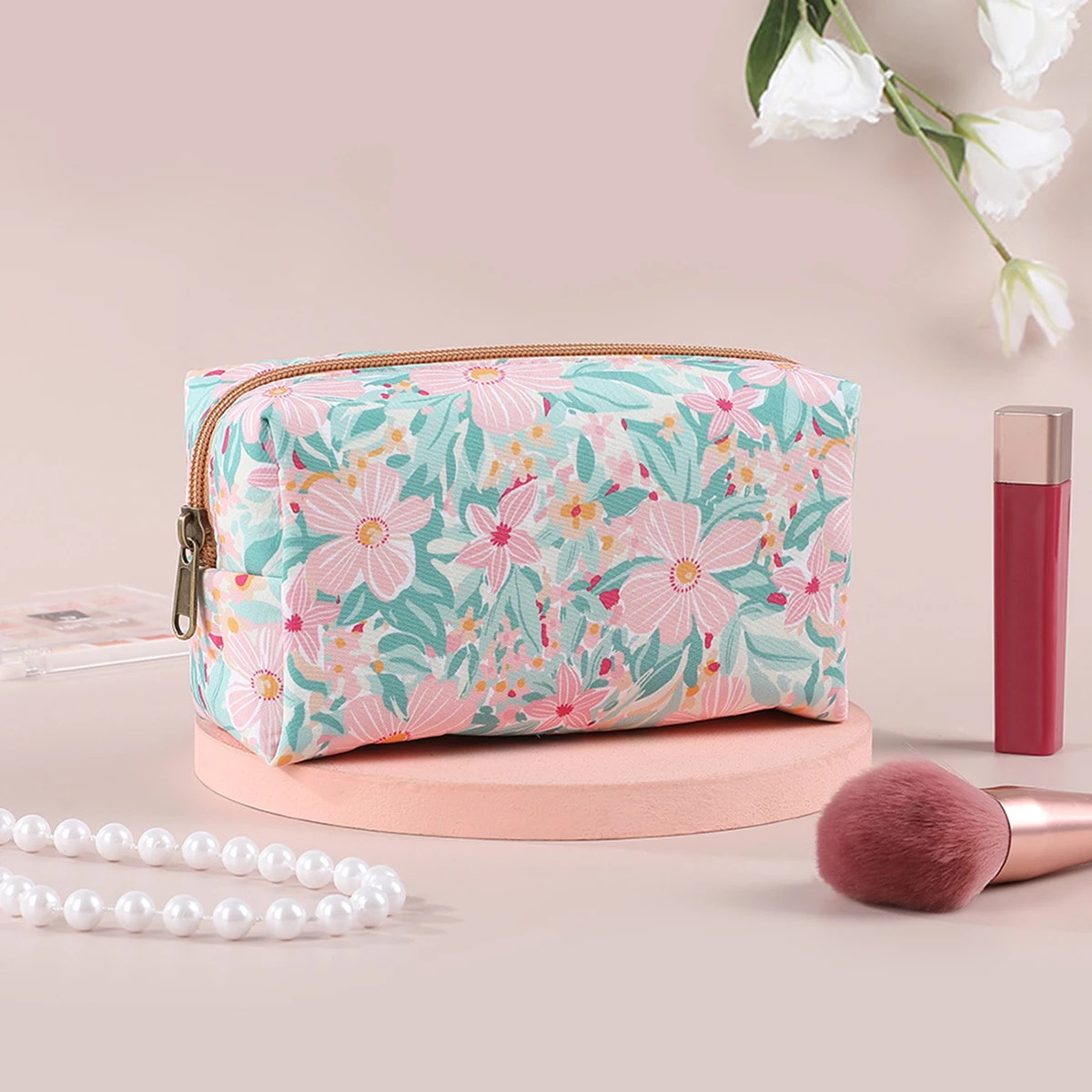 꽃무늬 필통 1개, 생필품을 담을 수 있는 작은 산뜻한 꽃무늬 휴대용 문구류 수납가방, 가족을 위한 선물