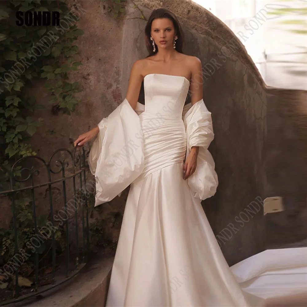 

SONDR Mermaid Long Wedding Dress Gowns New Strapless Princess Plus Size Satin Wedding Dresses Bride Bridal Flower Dressses