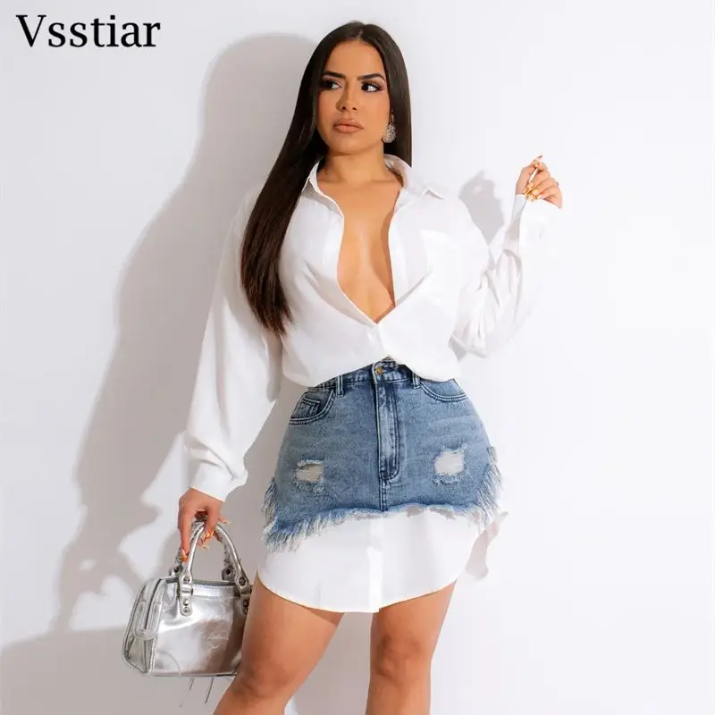 

Модное Длинное Платье-рубашка Vsstiar с длинным рукавом, Женский комплект из двух предметов, шикарная уличная одежда с карманами с дырками