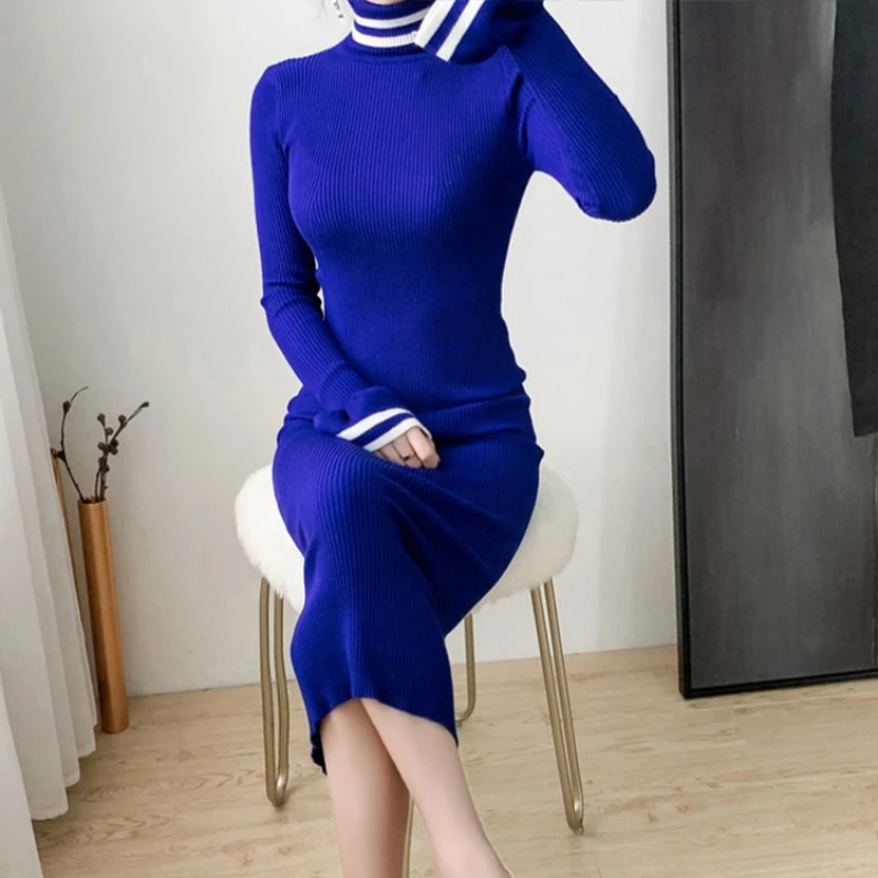 

Royal Blue Knitted Bodycone Dress 2022 Women Autumn Winter Sexy Slim Warm Knitted Skirt Midi Dresses for Women