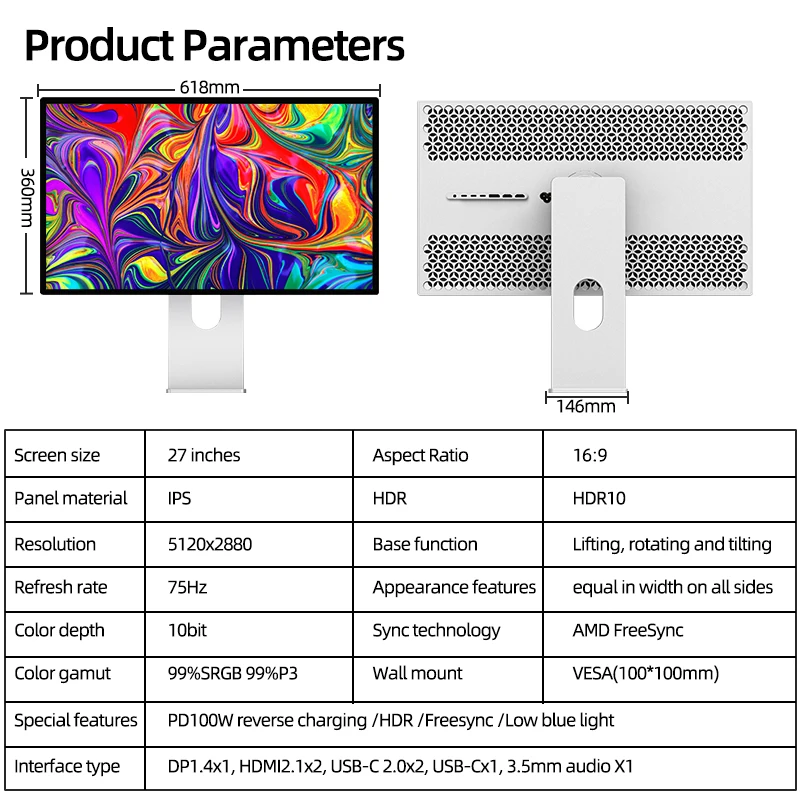 KUYCON G27P 27인치 5K 75Hz LED 게이밍 사무용 모니터 레티나 디스플레이 (사진 디자인, 데스크탑 사용, 알루미늄, 세로형)