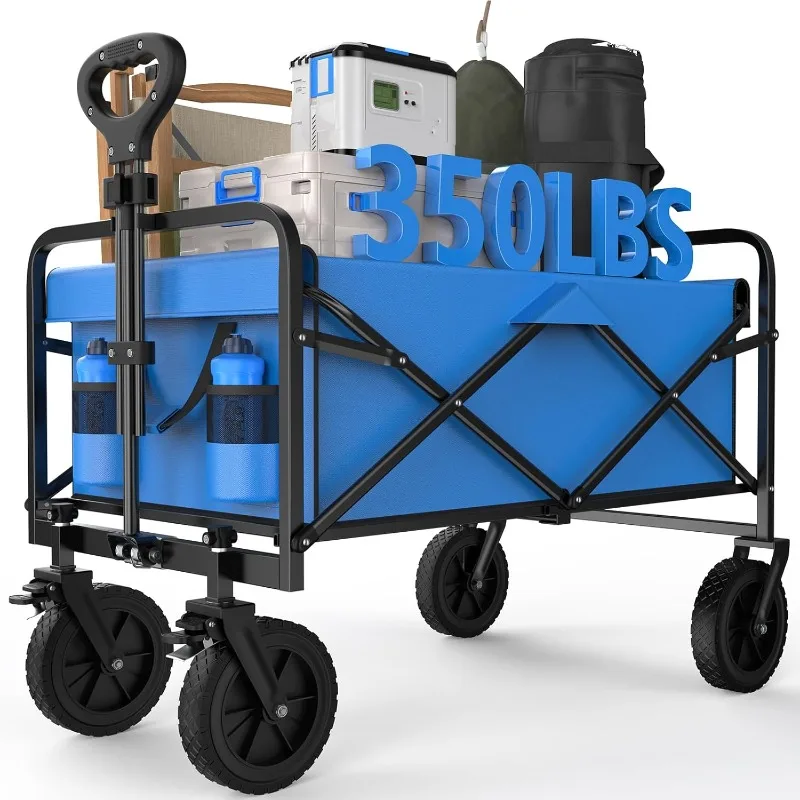 Collapsible Wagon Cart Foldable, 35" L Folding Beach Wagon with All-Terrain Wheels, Heavy Duty Shopping Cart with 350lbs Large
