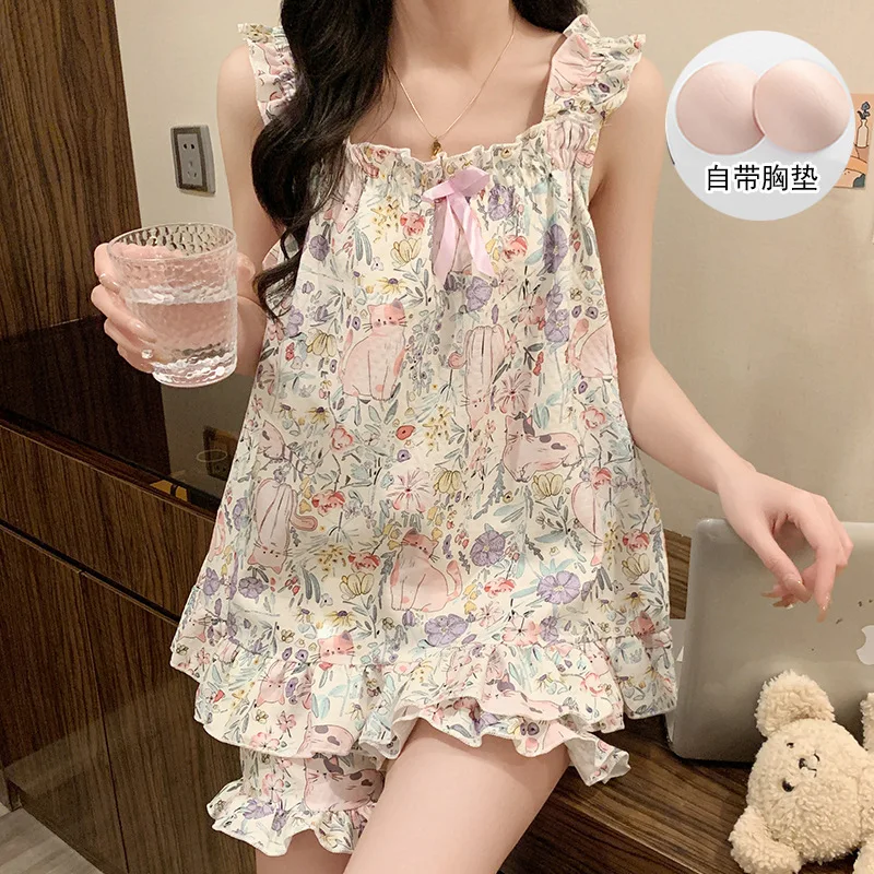 Kawaii Women with Breast Pad Pajamas Set Summer New Halter Shorts Girls Sweet Cute Home Wear Women's Sleep Can Be Worn