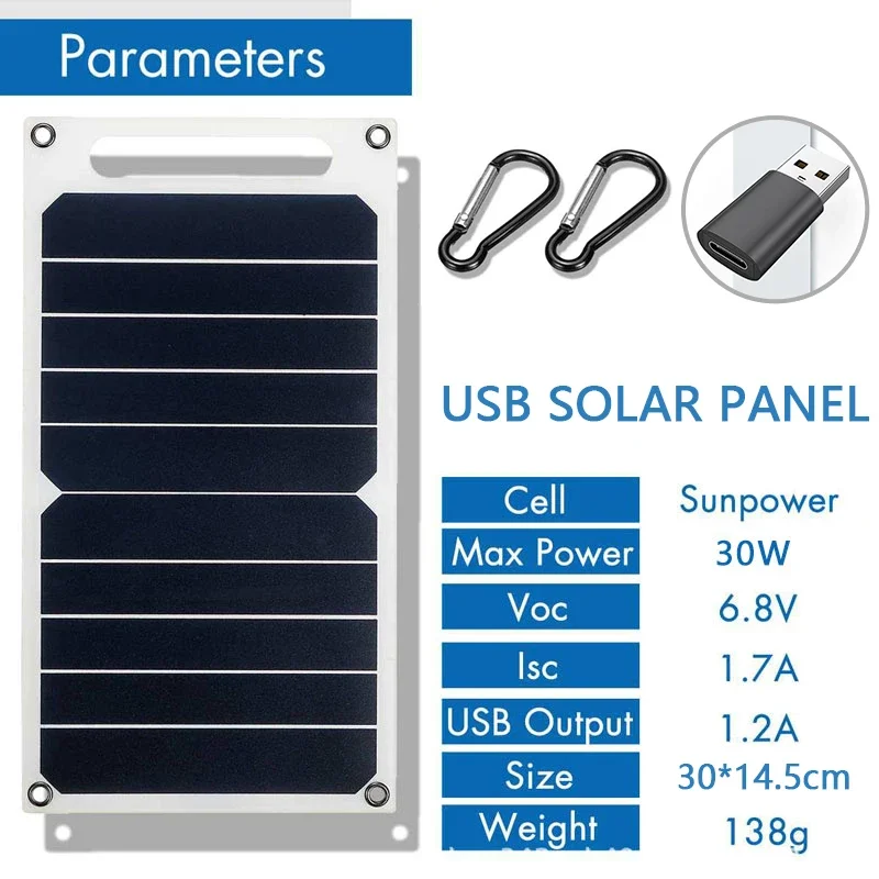 Portable Solar Panel Solar Charger Panels 30W Solar Panel USB Waterproof Outdoor Hiking Camping Mobile Phone Charging