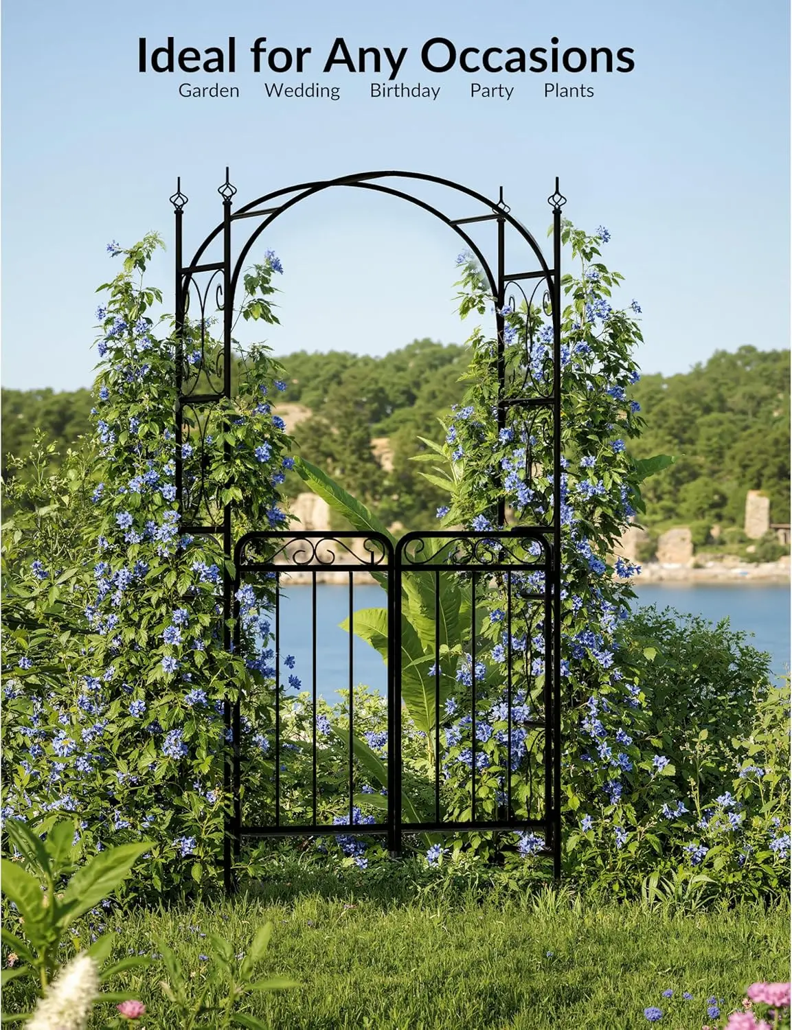 8 ft Metal Garden Arch with Gate, Elegant Wedding Archway for Ceremony Decor, Steel Arbor Trellis for Roses, Vines, and Climbing