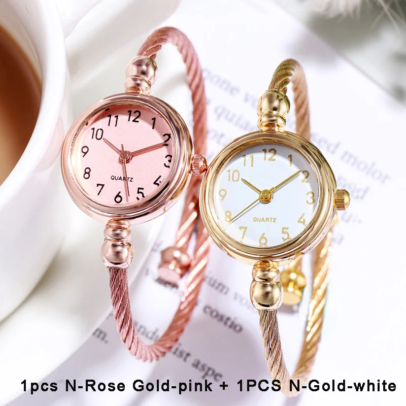 2PCS Fashion Women's Watches  Small Gold Bangle Ladies Bracelet Wristwatch Stainless Steel Retro Girls Quartz Watch Female Clock