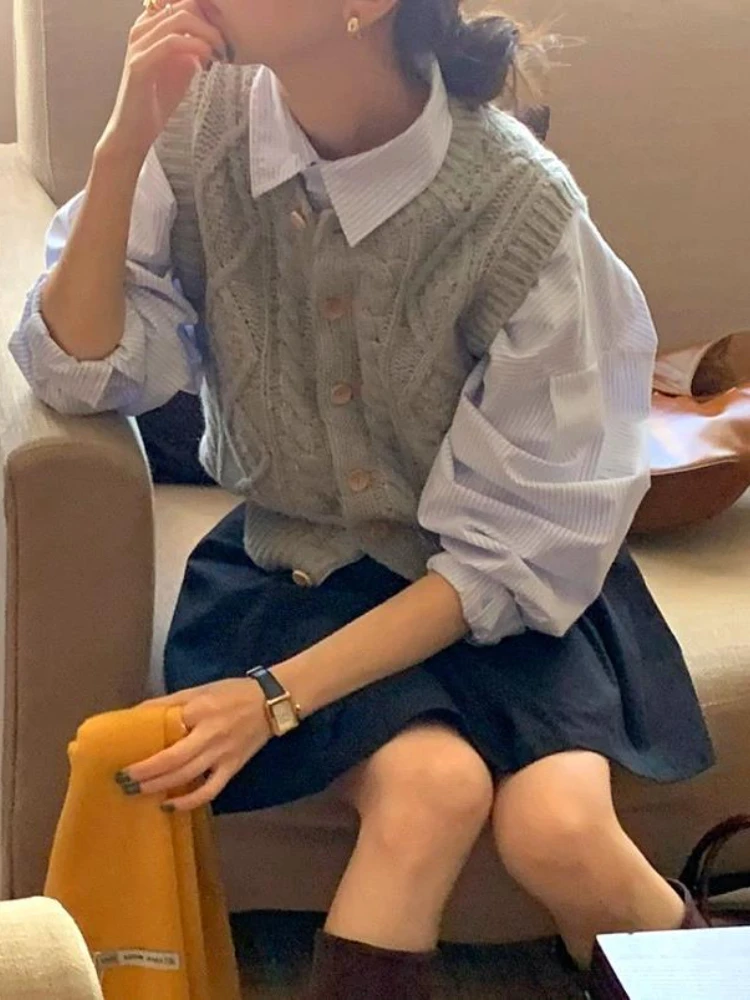 

Korean Official Website Spring and Autumn Reducing Striped Shirt+versatile Fried Dough Twist Knit Vest Two-piece Women Clothes
