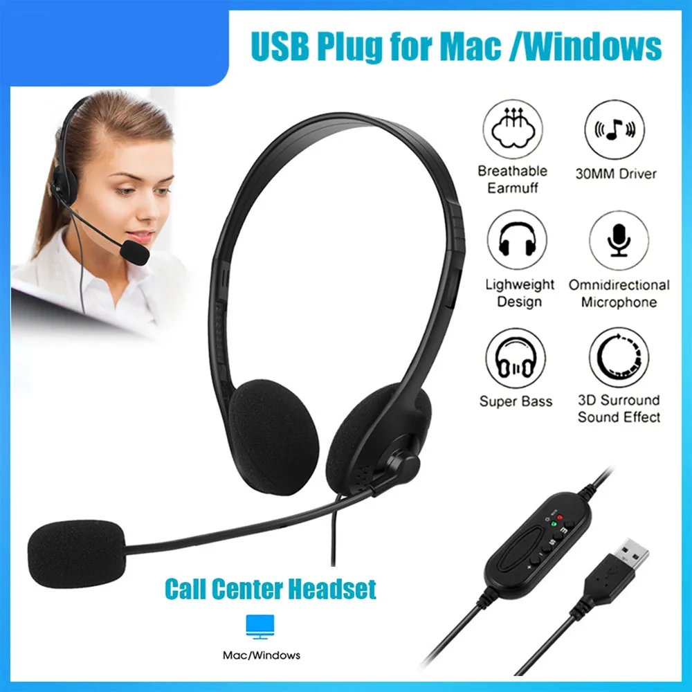 

USB Headset with Microphone Noise Cancelling & Volume Control Wired Headphones for Call Center Home Offices Dual Ear Headset