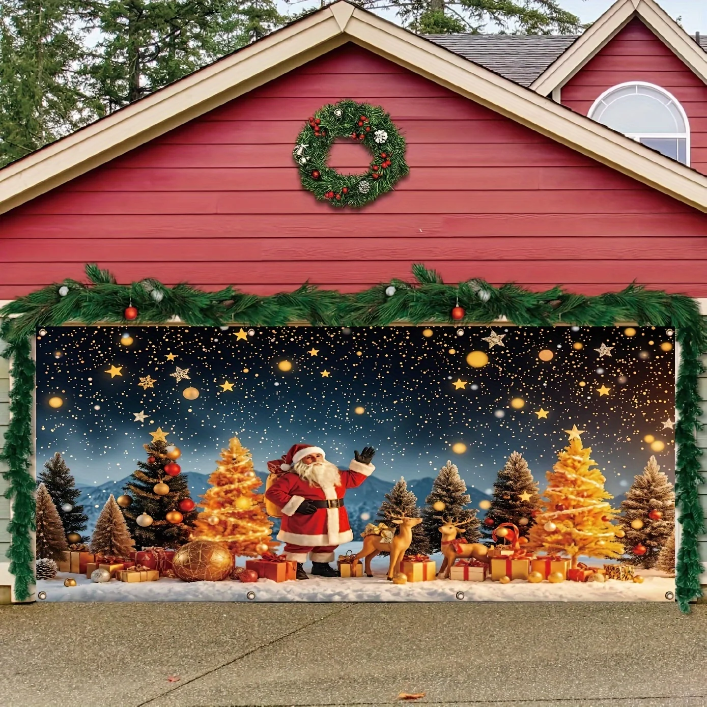 Großes Weihnachts-Garagentor-Banner aus Polyester, fröhlicher Weihnachtsmann und Weihnachtsbaum-Geschenk-Foto-Requisiten, Heim-Außendekoration – Detail 7