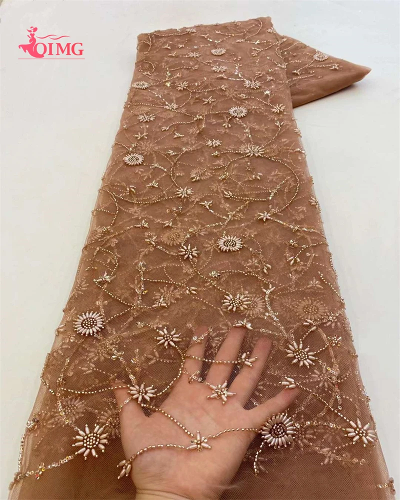 

OIMG Nigerian Handmade Beaded Lace Fabric 2023 High Quality Sequins Stones Embroidery African French Lace Fabric For Dress