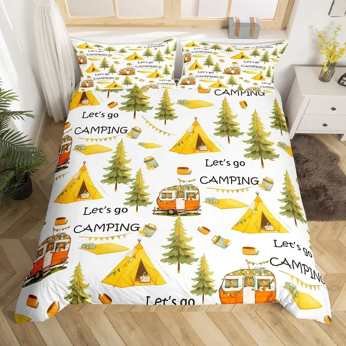 Camping Duvet Cover Set Full King Size Cartoon RV Camping Car Bedding Set Camper Accessories for Travel Trailers Comforter Cover